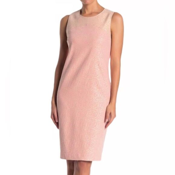 Trina Turk Metallic Sleeveless Round Neck Shift Dress Pink Gold 8 - Picture 1 of 7